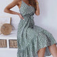 Floral Print Belt Backless V-Neck Spaghetti Straps A-Line Midi Dress Women's Fashion Summer Dress