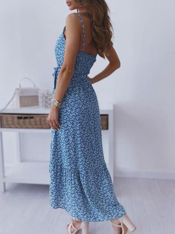 Floral Print Belt Backless V-Neck Spaghetti Straps A-Line Midi Dress Women's Fashion Summer Dress