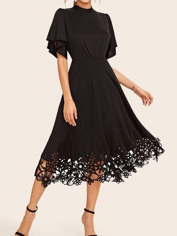 Crochet lace ruffle round neck short sleeve women midi dresses elegant dress cocktail dress