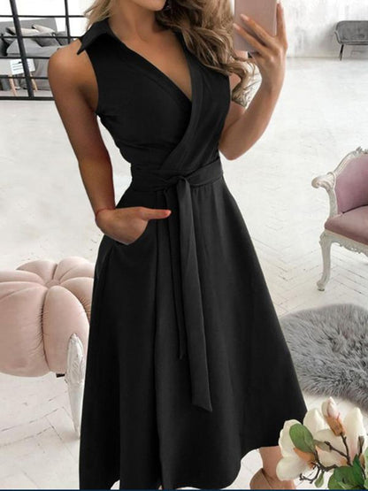 Pockets Belts Turn-Down Collar Sleeveless Women Midi Dresses Elegant Dress