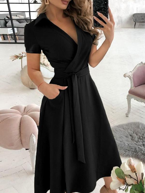 Pockets Belts Turn-Down Collars Short Sleeves Women Midi Dresses Elegant Dress