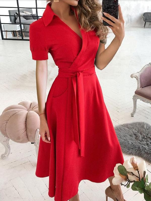 Pockets Belts Turn-Down Collars Short Sleeves Women Midi Dresses Elegant Dress