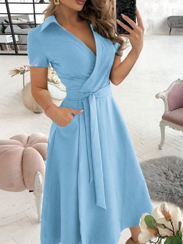 Pockets Belts Turn-Down Collars Short Sleeves Women Midi Dresses Elegant Dress