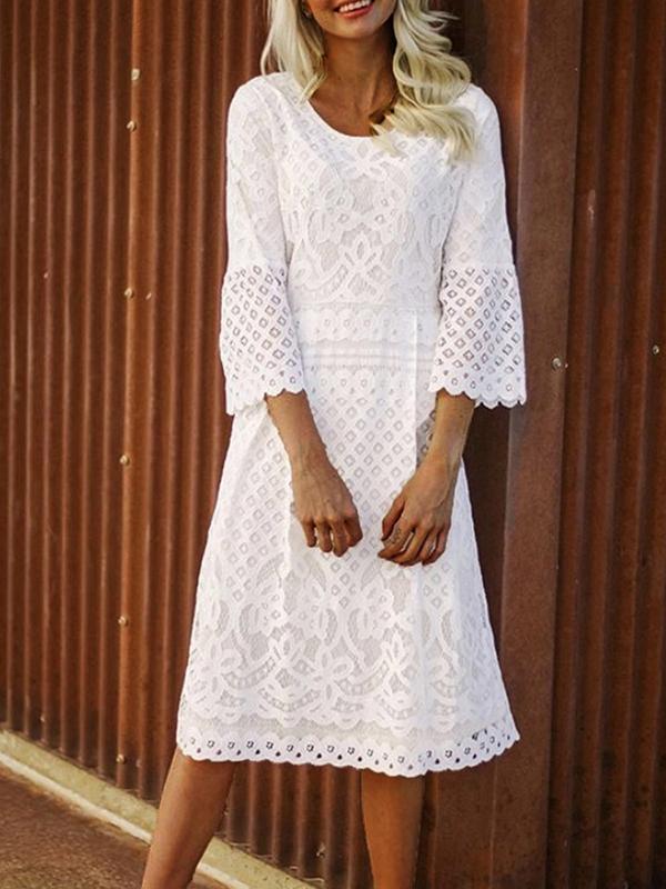 Lace Cut Out Round Neck 3/4 Sleeves Women's Midi Dresses Elegant Dress