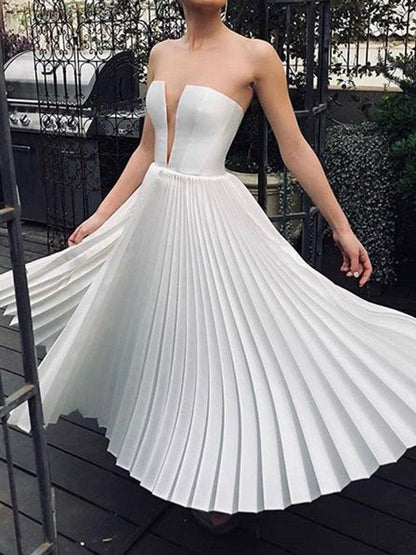 Pleated Bandeau Backless Sleeveless A-Line Midi Dress Women's Fashion Wedding Dress