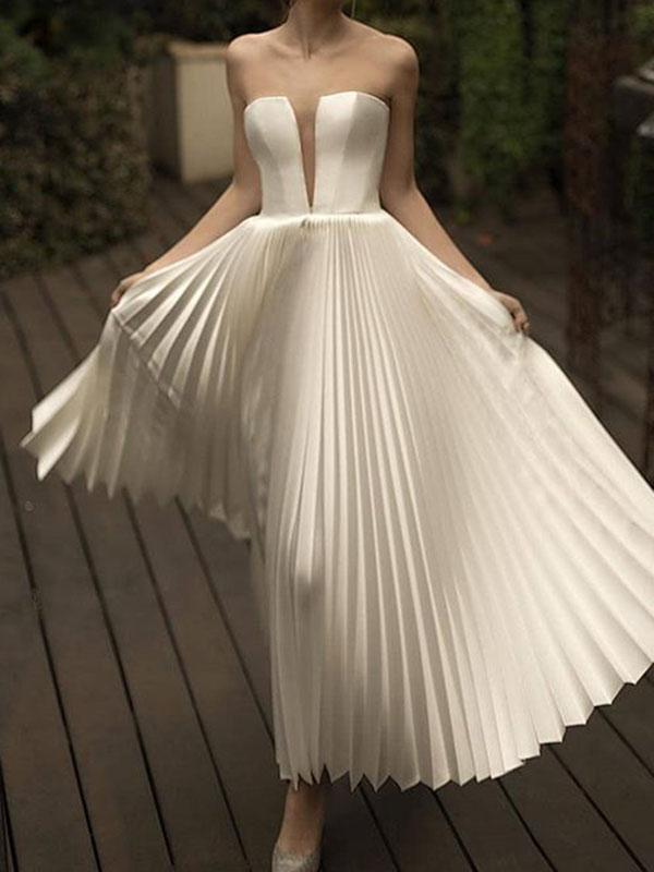 Pleated Bandeau Backless Sleeveless A-Line Midi Dress Women's Fashion Wedding Dress