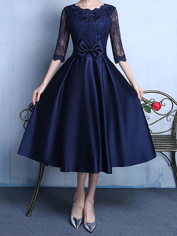 Lace bow round neck half-length midi dresses women evening dress