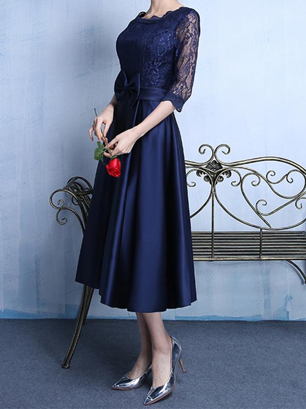 Lace bow round neck half-length midi dresses women evening dress