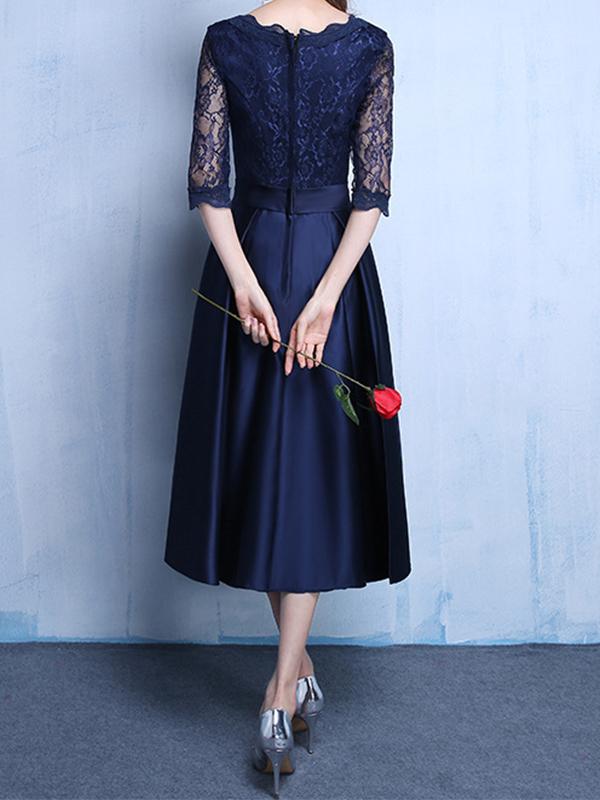 Lace bow round neck half-length midi dresses women evening dress