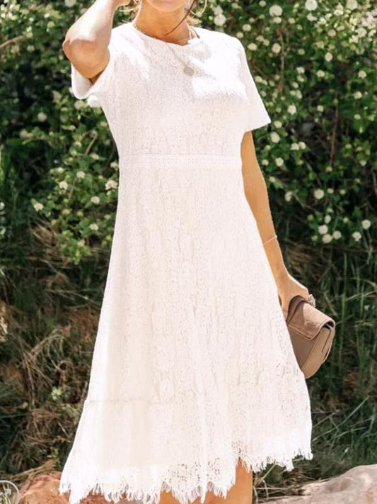 Patchwork lace round neck short sleeve midi dress women fashion lace dress