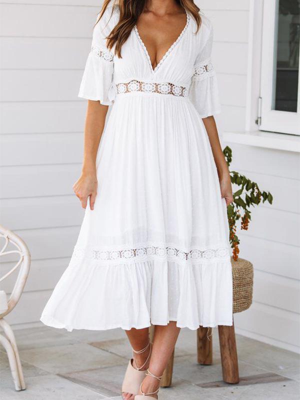 Patchwork crochet lace cut out v-neck half-length midi dresses women sundress