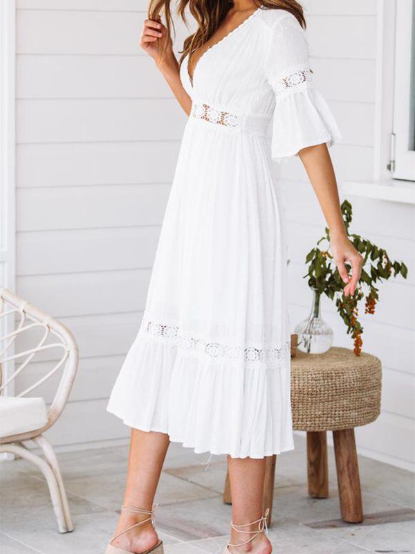 Patchwork crochet lace cut out v-neck half-length midi dresses women sundress