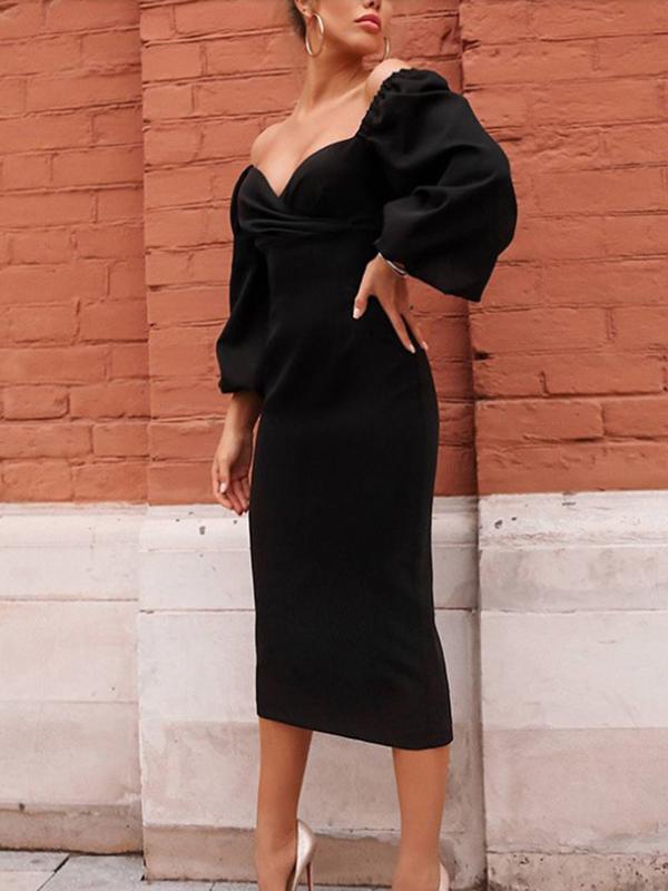 Pleated Tight V-Neck Long Sleeve Women's Midi Dresses Tight Dress Party Dress