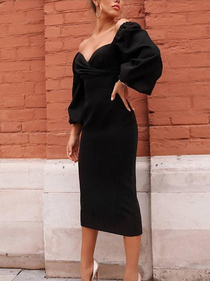 Pleated Tight V-Neck Long Sleeve Women's Midi Dresses Tight Dress Party Dress