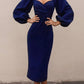 Pleated Tight V-Neck Long Sleeve Women's Midi Dresses Tight Dress Party Dress