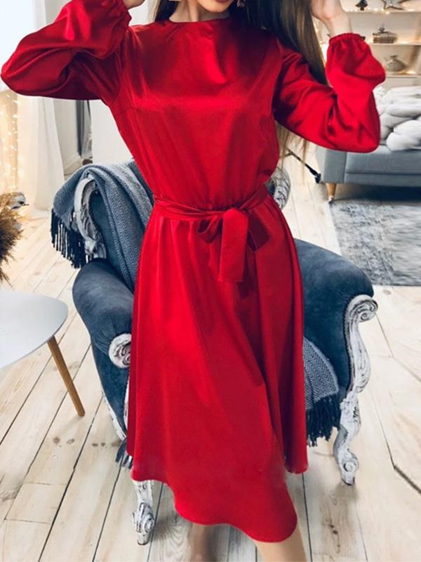 Solid Color Belt Round Neck Long Sleeve Midi Dresses Women Fashion Elegant Dress