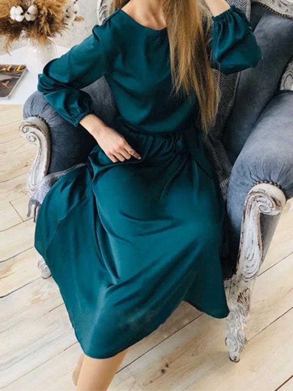 Solid Color Belt Round Neck Long Sleeve Midi Dresses Women Fashion Elegant Dress