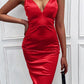 Satin Backless Deep V-Neck Spaghetti Straps Tight Midi Dress Women's Fashion Party Dress