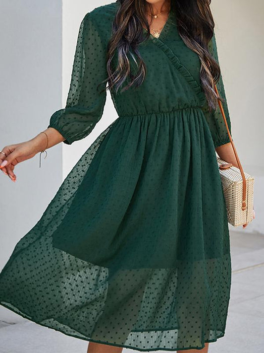 Solid Color Ruffle Mesh V-Neck Half-Length Midi Dresses Women Fashion Elegant Dress