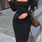 Tight Bodycon Scoop Neck Long Sleeve Women Midi Dresses Casual Dress Tight Dress