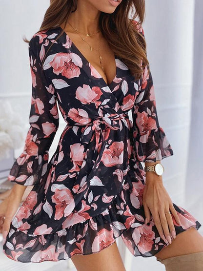 Flowers Ruffle Belt V-Neck 3/4 Sleeves Women's Mini Dresses Summer Dress Elegant Dress