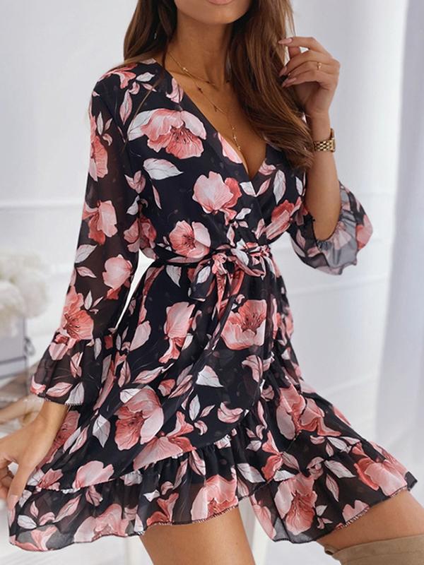 Flowers Ruffle Belt V-Neck 3/4 Sleeves Women's Mini Dresses Summer Dress Elegant Dress