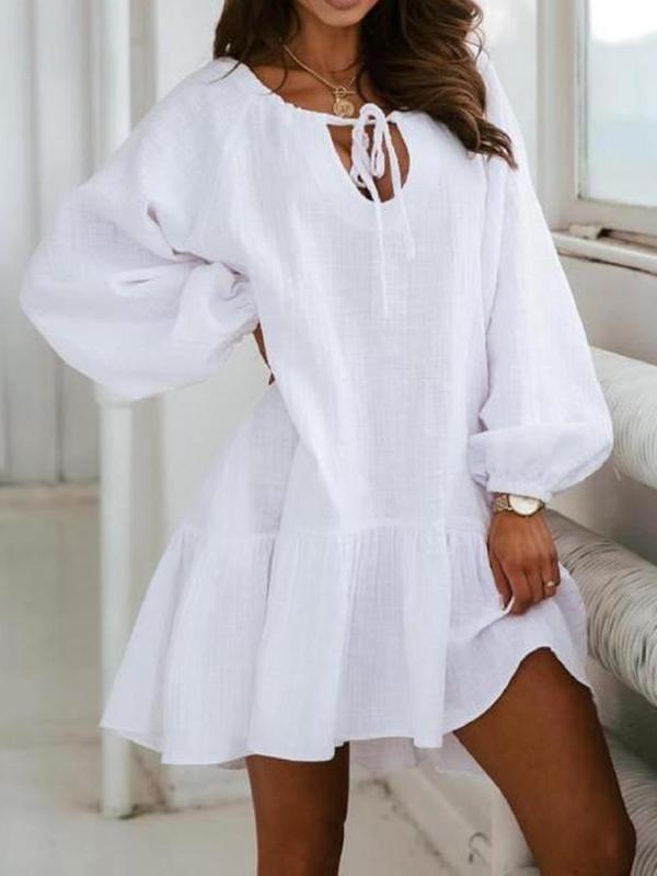 Solid Color Ruffles Drawstring Round Neck Long Sleeve Lantern Sleeve A-Line Mini Dress Women Fashion Summer Dress