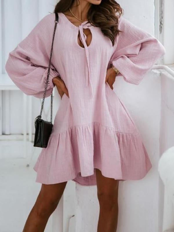 Solid Color Ruffles Drawstring Round Neck Long Sleeve Lantern Sleeve A-Line Mini Dress Women Fashion Summer Dress