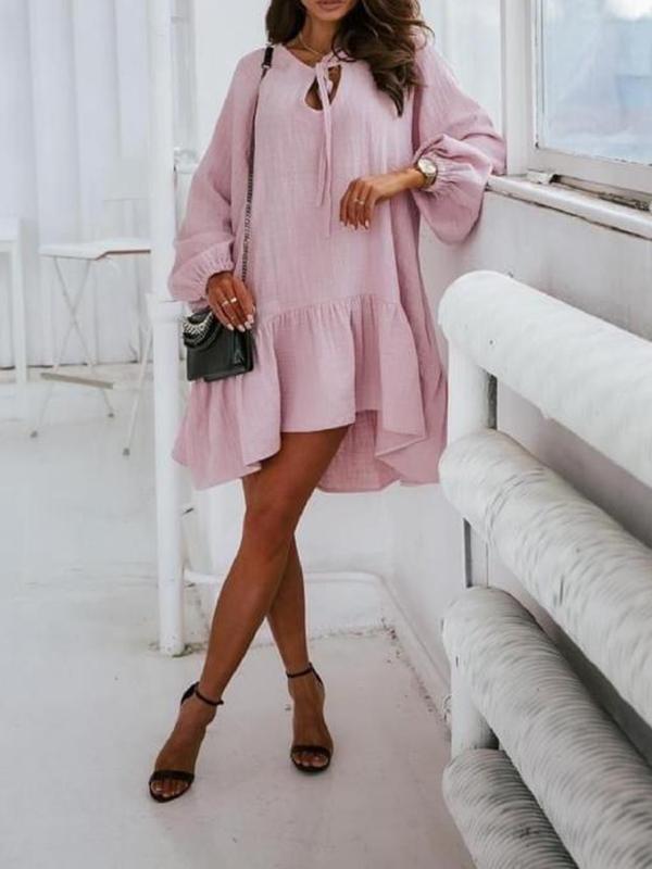 Solid Color Ruffles Drawstring Round Neck Long Sleeve Lantern Sleeve A-Line Mini Dress Women Fashion Summer Dress