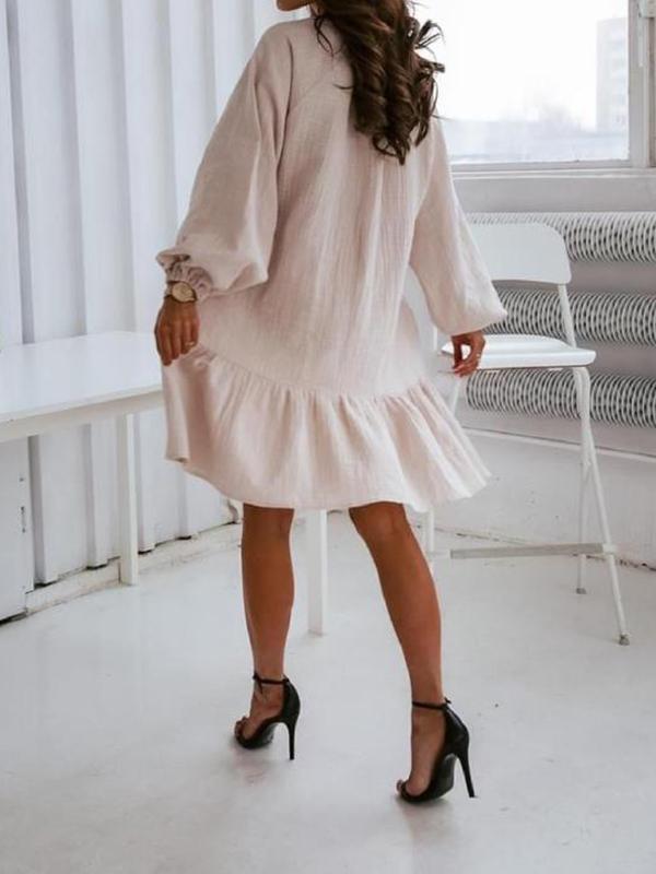 Solid Color Ruffles Drawstring Round Neck Long Sleeve Lantern Sleeve A-Line Mini Dress Women Fashion Summer Dress