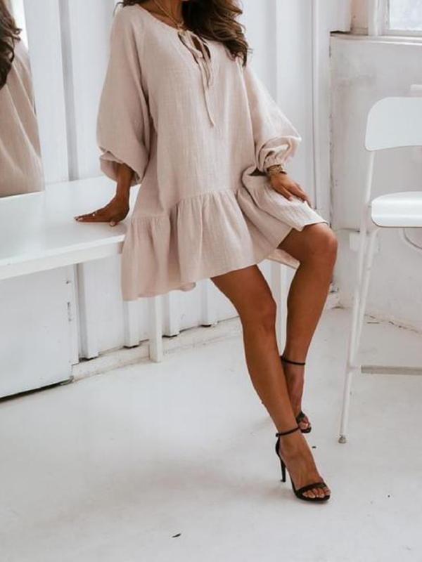 Solid Color Ruffles Drawstring Round Neck Long Sleeve Lantern Sleeve A-Line Mini Dress Women Fashion Summer Dress