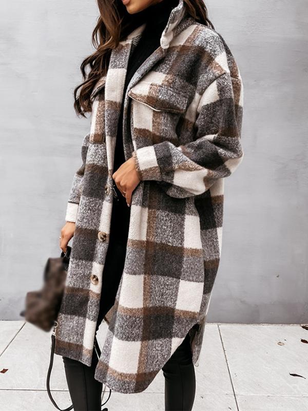 Checkered pockets turn-down collar long-sleeved ladies shirt jacket lumberjack jacket flannel shirt