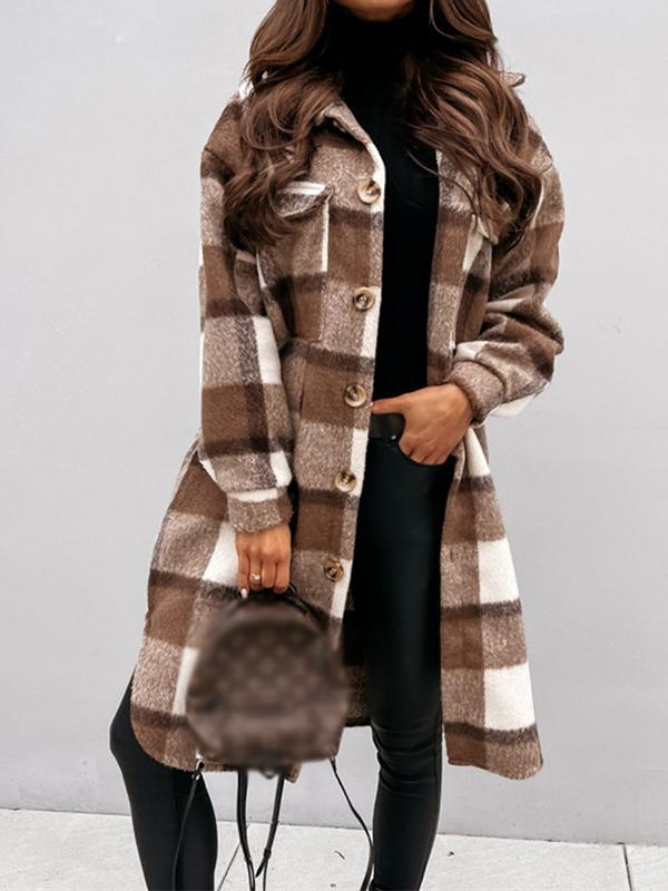 Checkered pockets turn-down collar long-sleeved ladies shirt jacket lumberjack jacket flannel shirt