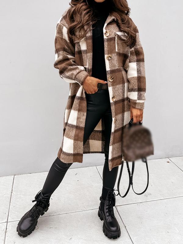 Checkered pockets turn-down collar long-sleeved ladies shirt jacket lumberjack jacket flannel shirt