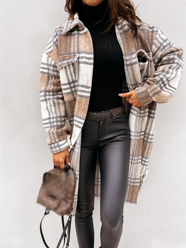 Checkered pockets turn-down collar long-sleeved ladies shirt jacket lumberjack jacket flannel shirt