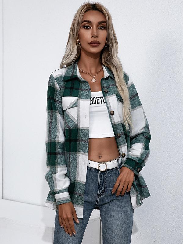 Checkered single-breasted turn-down collar long-sleeved ladies shirt jacket lumberjack jacket flannel shirt jacket