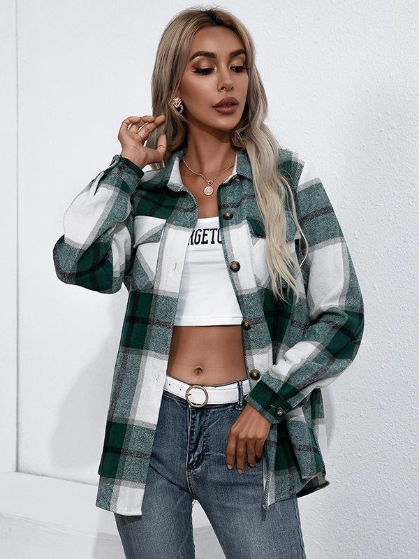 Checkered single-breasted turn-down collar long-sleeved ladies shirt jacket lumberjack jacket flannel shirt jacket