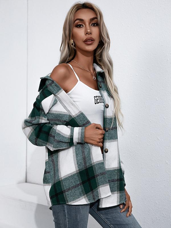 Checkered single-breasted turn-down collar long-sleeved ladies shirt jacket lumberjack jacket flannel shirt jacket