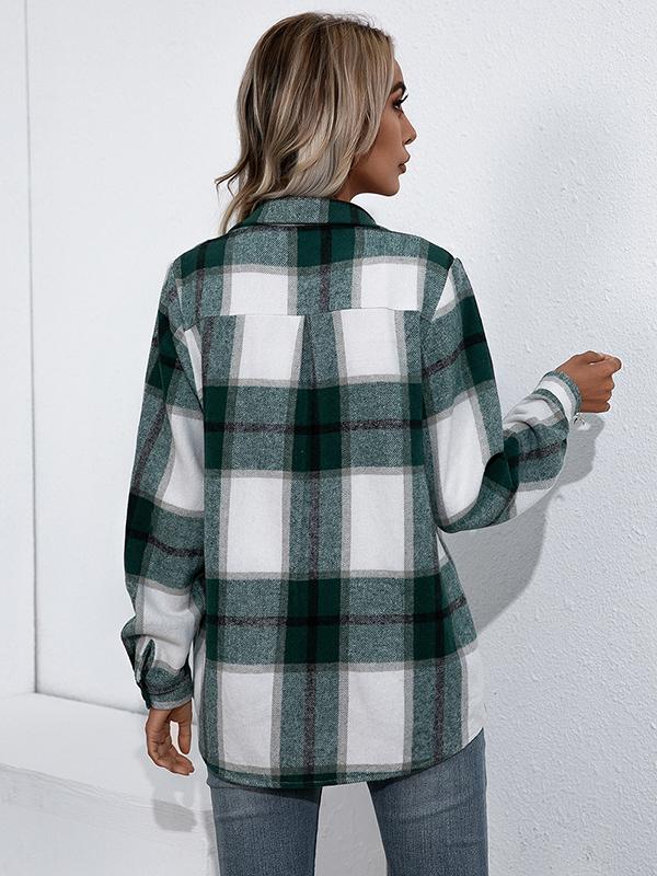 Checkered single-breasted turn-down collar long-sleeved ladies shirt jacket lumberjack jacket flannel shirt jacket