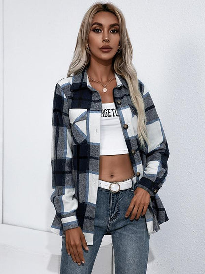 Checkered single-breasted turn-down collar long-sleeved ladies shirt jacket lumberjack jacket flannel shirt jacket