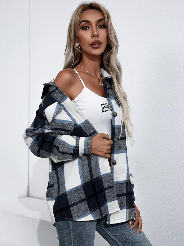 Checkered single-breasted turn-down collar long-sleeved ladies shirt jacket lumberjack jacket flannel shirt jacket