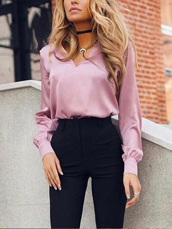 Solid Color Buttons V-Neck Long Sleeve Regular Ladies Fashion Blouses