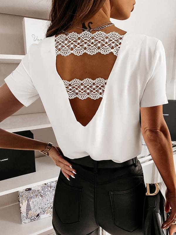 Solid Color Lace V Neck Short Sleeve Top Women Fashion T-Shirt