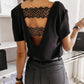 Solid Color Lace V Neck Short Sleeve Top Women Fashion T-Shirt