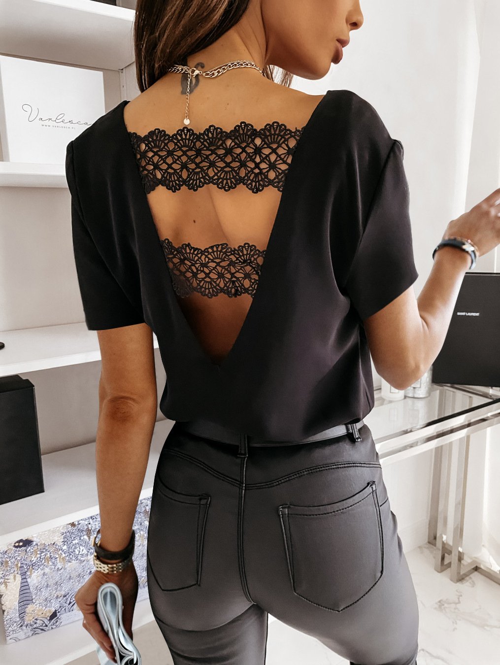 Solid Color Lace V Neck Short Sleeve Top Women Fashion T-Shirt