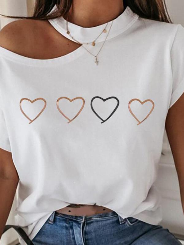 Love One Shoulder Round Neck Short Sleeve T-shirt Regular Women Fashion Top