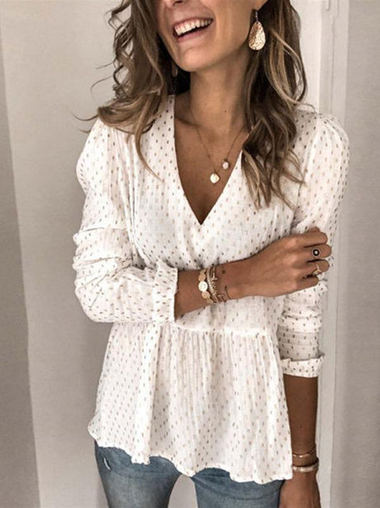 Polka Dot Patchwork V Neck Long Sleeve Top Women Fashion Blouses