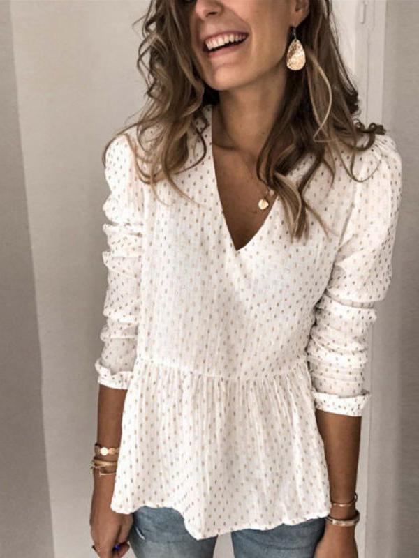 Polka Dot Patchwork V Neck Long Sleeve Top Women Fashion Blouses