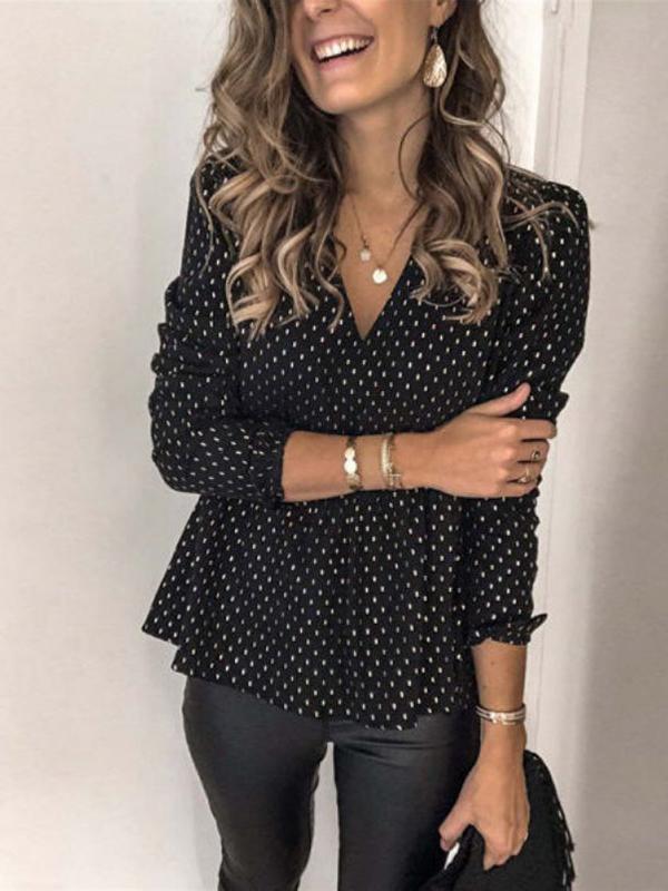 Polka Dot Patchwork V Neck Long Sleeve Top Women Fashion Blouses