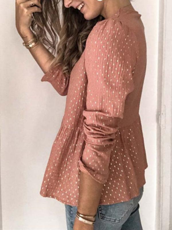 Polka Dot Patchwork V Neck Long Sleeve Top Women Fashion Blouses